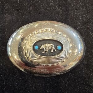 Vintage Belt Buckle Bear Signed BC Silver tone metal with turquoise